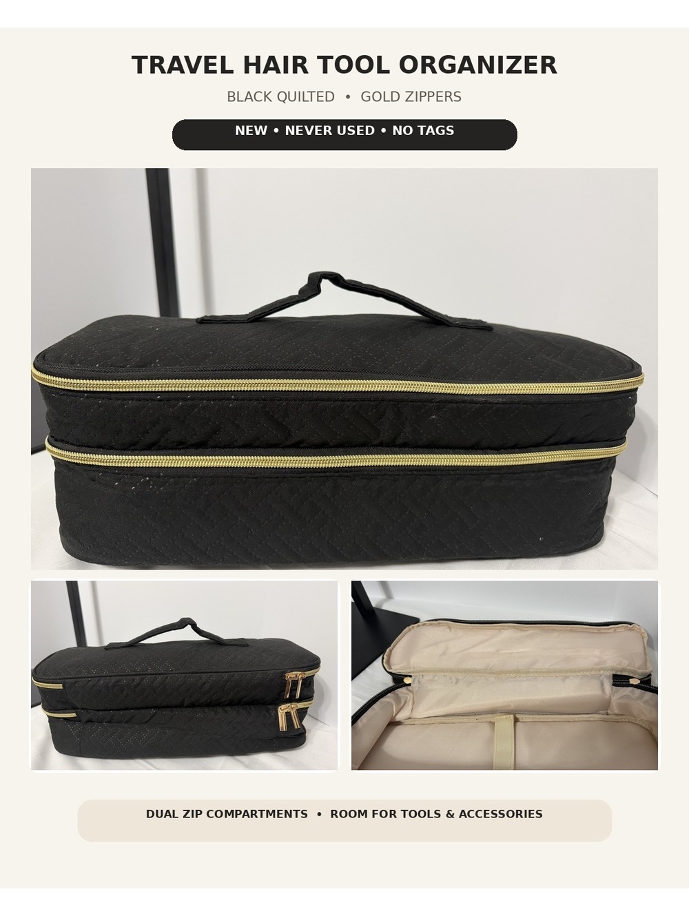 Black Quilted Double-Zip Travel Hair Tool Organizer